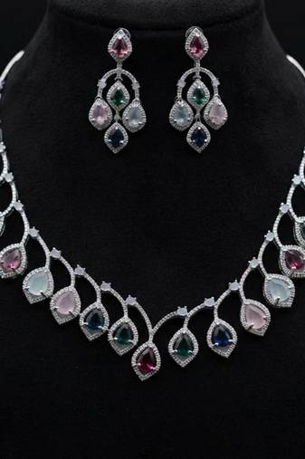 Colorfully embellished multi color american diamond necklace set for traditional celebrations