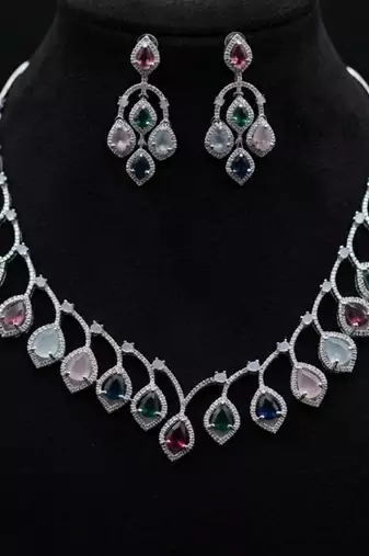Colorfully embellished multi color american diamond necklace set for traditional celebrations