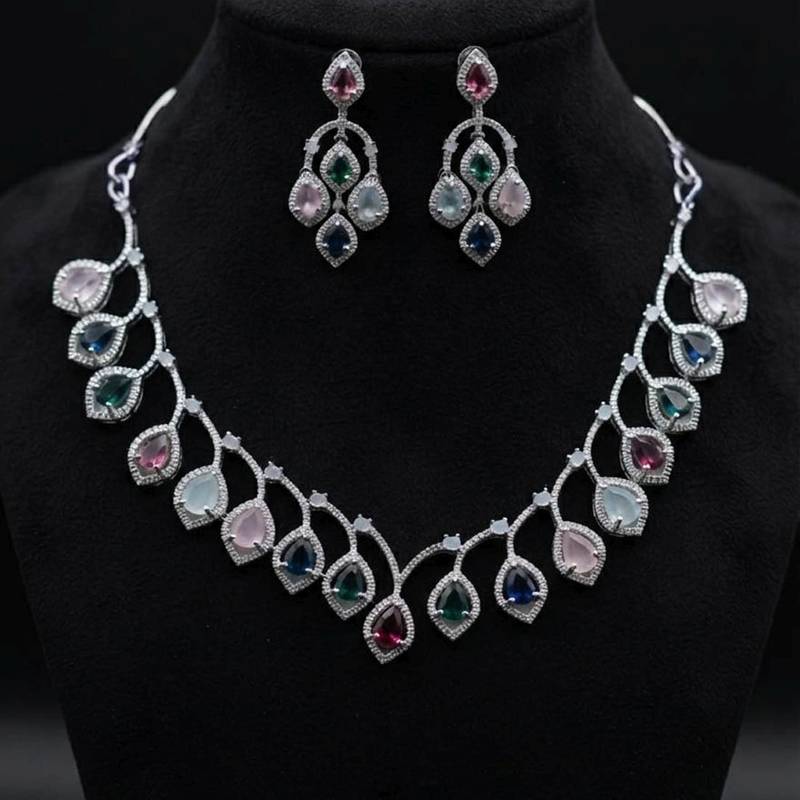 Colorfully embellished multi color american diamond necklace set for traditional celebrations