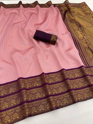 pink wine silk blend banarasi jacuard work festive saree with unstitched blouse piece 1
