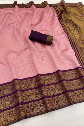 pink wine silk blend banarasi jacuard work festive saree with unstitched blouse piece