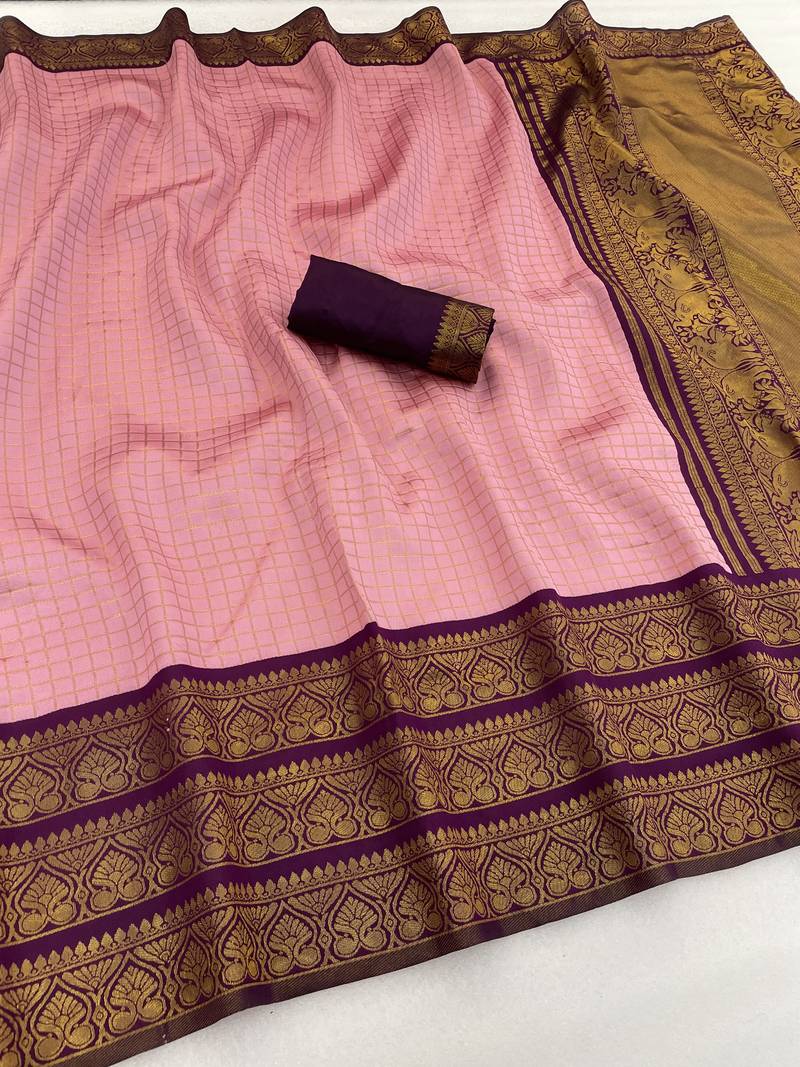 pink wine silk blend banarasi jacuard work festive saree with unstitched blouse piece