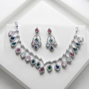 Colorfully embellished multi color american diamond necklace set for traditional celebrations 2