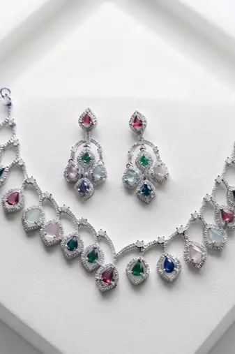 Colorfully embellished multi color american diamond necklace set for traditional celebrations