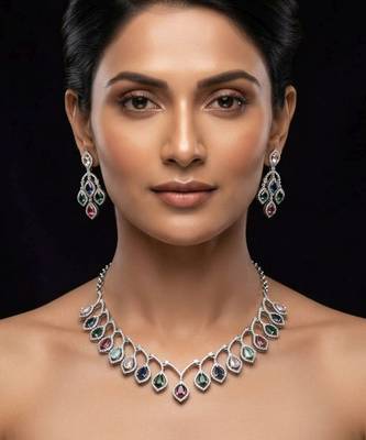 Playful gemstone multi color american diamond necklace set for special occasion wear 1