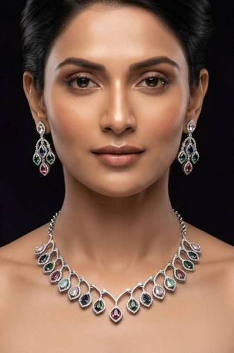 Playful gemstone multi color american diamond necklace set for special occasion wear