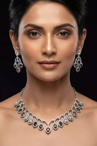 Playful gemstone multi color american diamond necklace set for special occasion wear