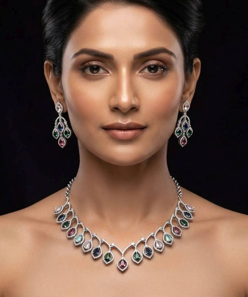 Playful gemstone multi color american diamond necklace set for special occasion wear