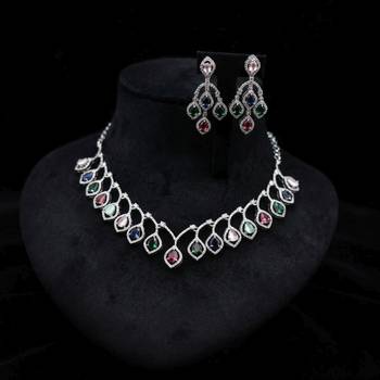 Playful gemstone multi color american diamond necklace set for special occasion wear 2