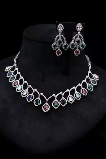 Playful gemstone multi color american diamond necklace set for special occasion wear