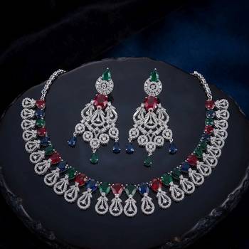 Gorgeous statement multi color american diamond necklace set for festive evening wear 1
