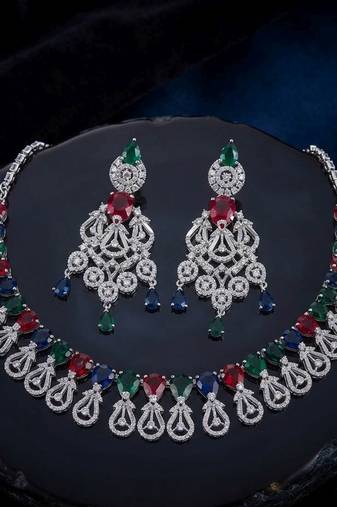 Gorgeous statement multi color american diamond necklace set for festive evening wear