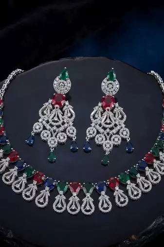 Gorgeous statement multi color american diamond necklace set for festive evening wear