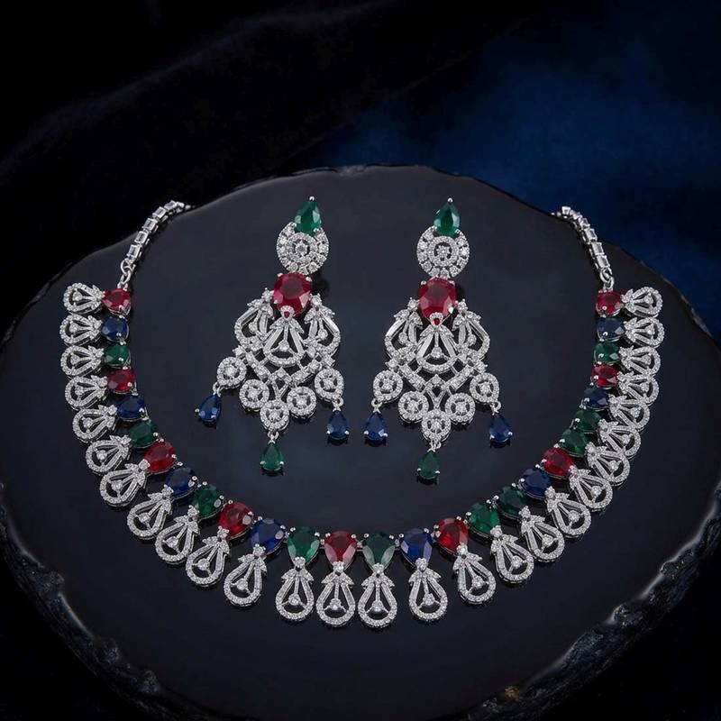 Gorgeous statement multi color american diamond necklace set for festive evening wear