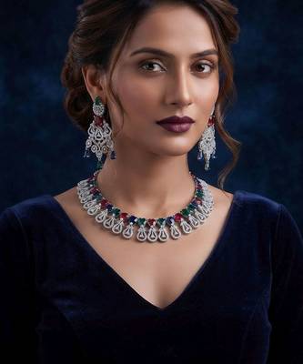 Gorgeous statement multi color american diamond necklace set for festive evening wear 2