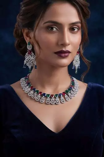 Gorgeous statement multi color american diamond necklace set for festive evening wear