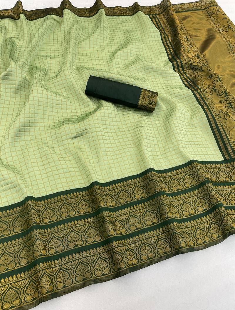 pista green silk blend banarasi jacuard work festive saree with unstitched blouse piece