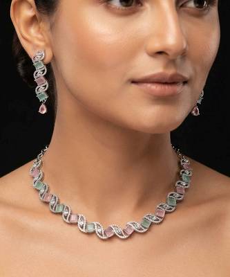 Shimmering festive multi color american diamond necklace set for indian wedding rituals 1
