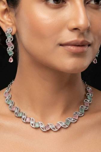 Shimmering festive multi color american diamond necklace set for indian wedding rituals