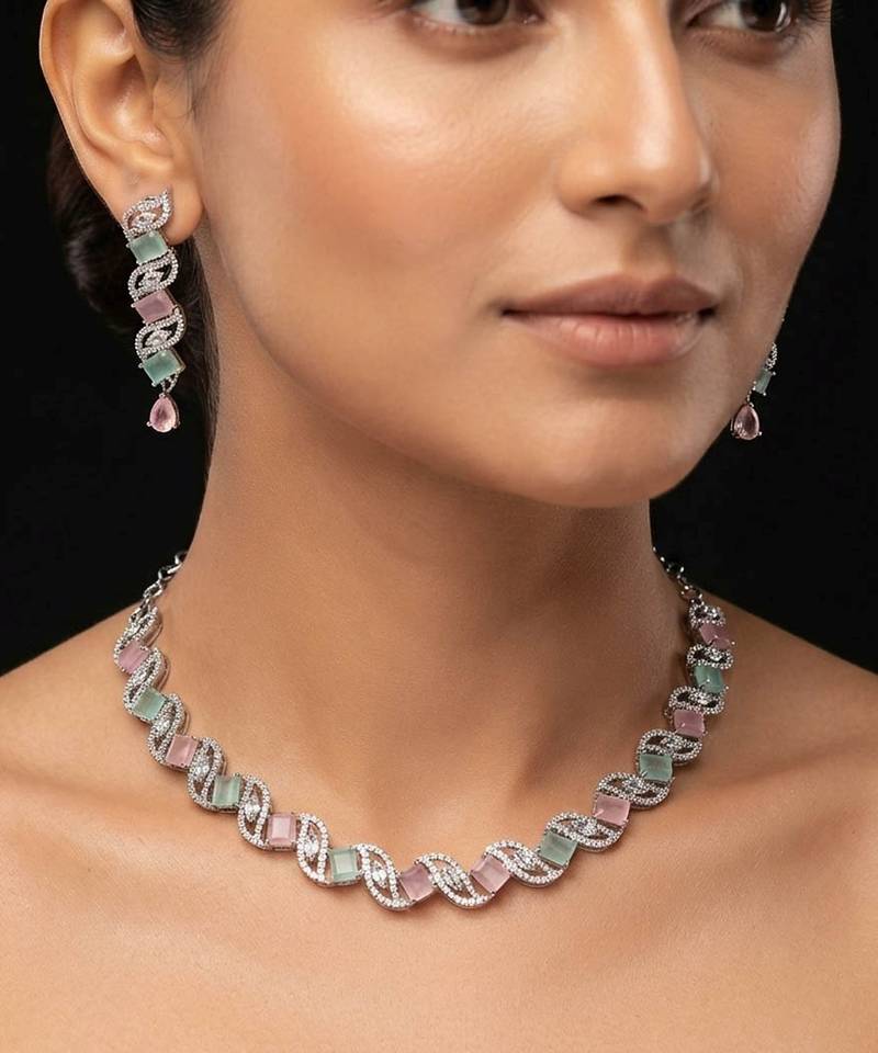 Shimmering festive multi color american diamond necklace set for indian wedding rituals