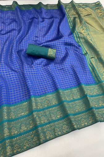 sky blue rama silk blend banarasi jacuard work festive saree with unstitched blouse piece