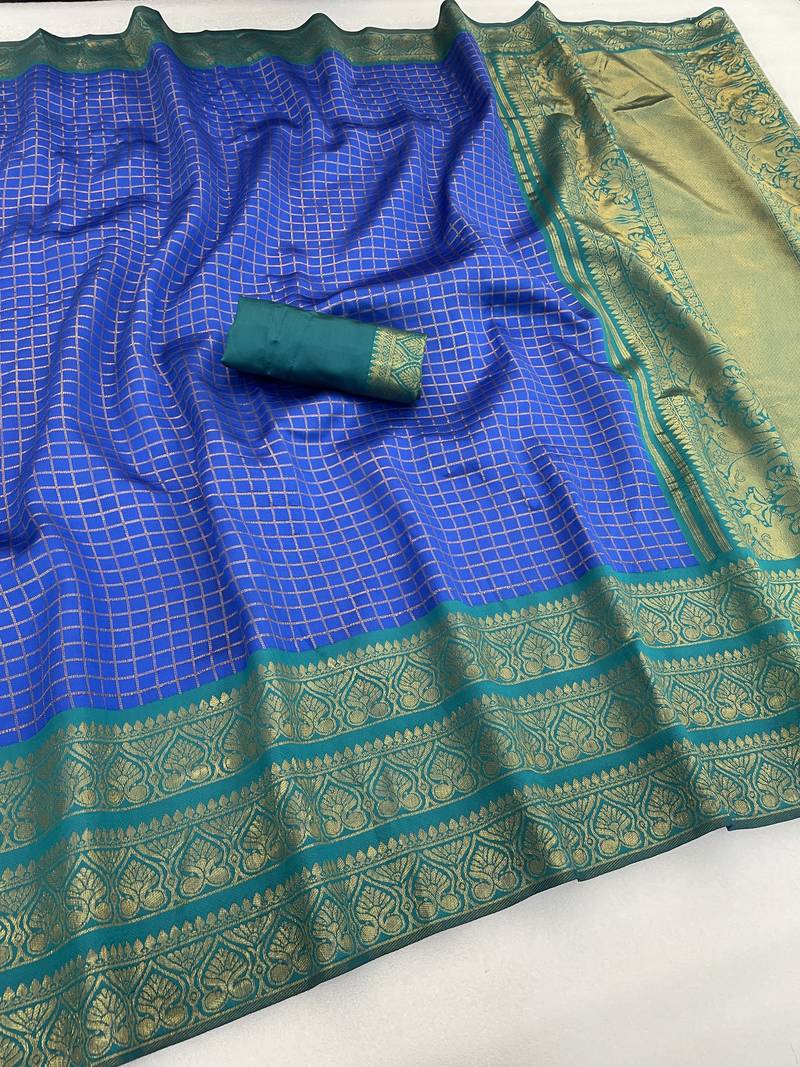 sky blue rama silk blend banarasi jacuard work festive saree with unstitched blouse piece