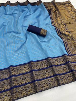 sky blue  silk blend banarasi jacuard work festive saree with unstitched blouse piece 1