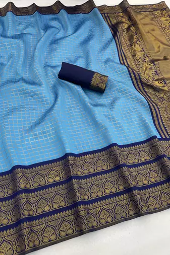 sky blue  silk blend banarasi jacuard work festive saree with unstitched blouse piece
