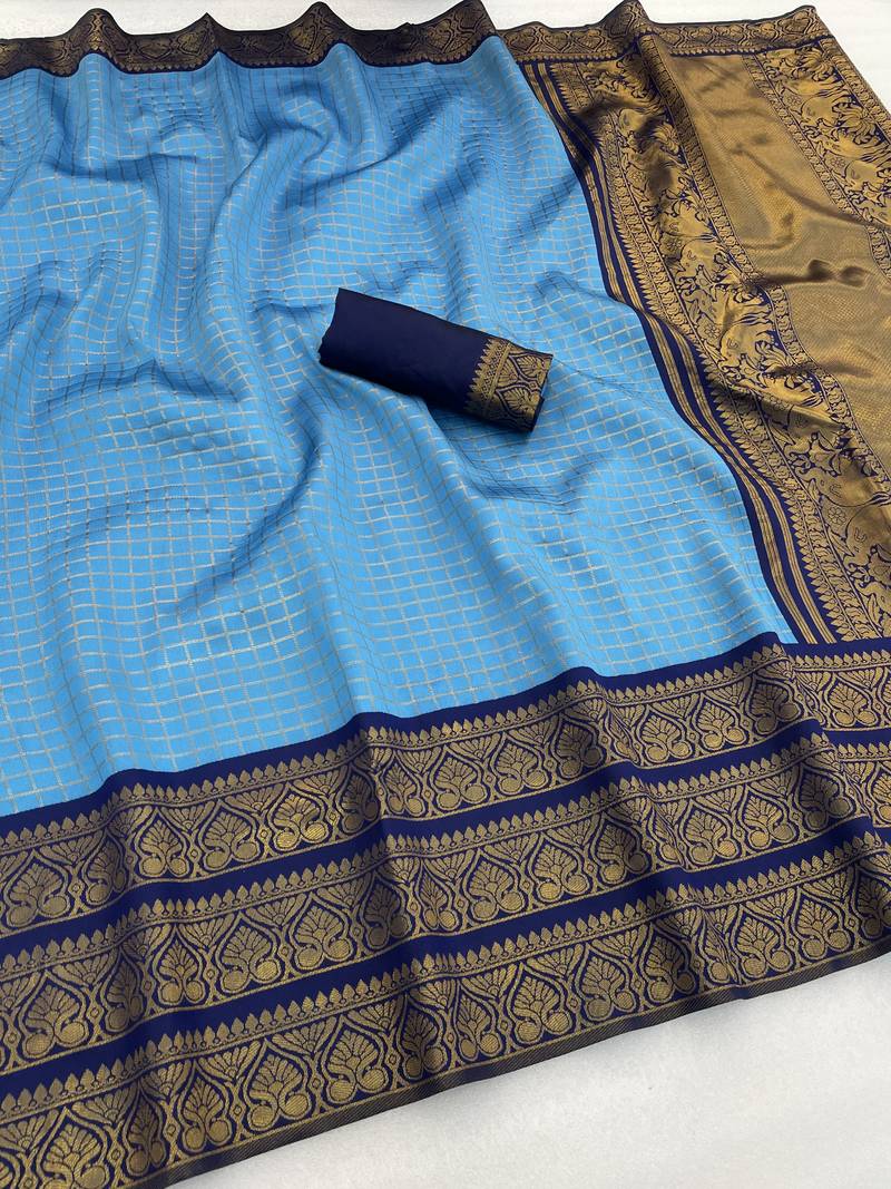 sky blue  silk blend banarasi jacuard work festive saree with unstitched blouse piece