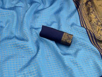 sky blue  silk blend banarasi jacuard work festive saree with unstitched blouse piece 2