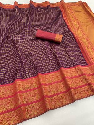 wine red silk blend banarasi jacuard work festive saree with unstitched blouse piece 1