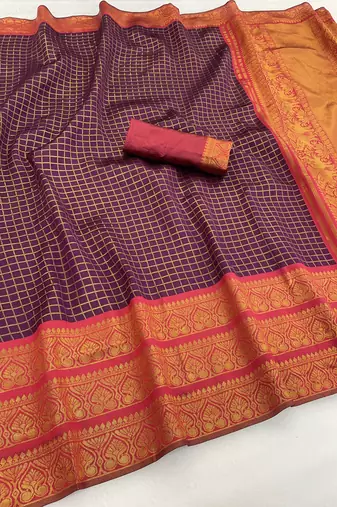 wine red silk blend banarasi jacuard work festive saree with unstitched blouse piece