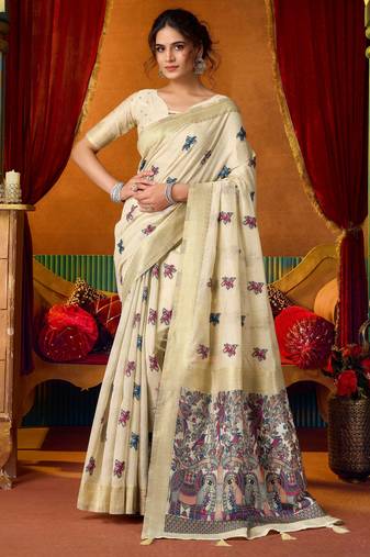 cream modal silk blend woven katha designer ethnic graceful saree
