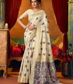 cream modal silk blend woven katha designer ethnic graceful saree