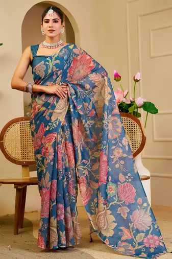 blue cotton blend zari weaving floral digital print festive saree with unstitched blouse piece
