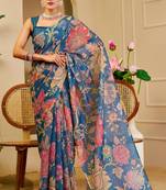 blue cotton blend zari weaving floral digital print festive saree with unstitched blouse piece
