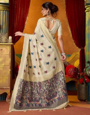 cream modal silk blend woven katha designer ethnic graceful saree 2