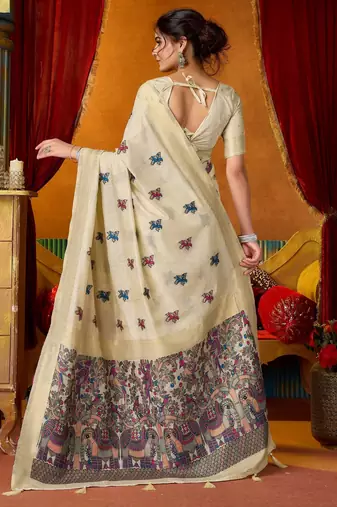 cream modal silk blend woven katha designer ethnic graceful saree