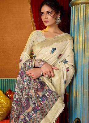 cream modal silk blend woven katha designer ethnic graceful saree 3