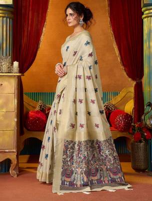 cream modal silk blend woven katha designer ethnic graceful saree 4