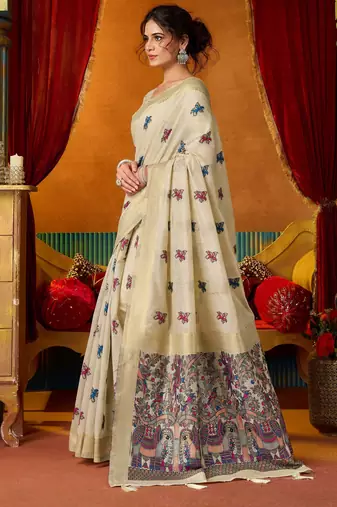 cream modal silk blend woven katha designer ethnic graceful saree