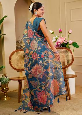 blue cotton blend zari weaving floral digital print festive saree with unstitched blouse piece 3