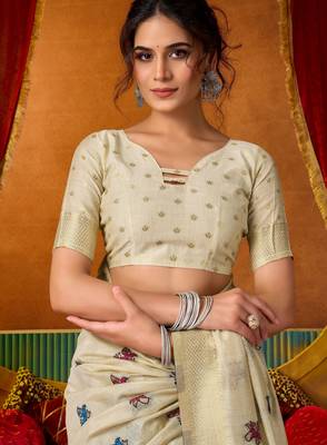 cream modal silk blend woven katha designer ethnic graceful saree 5
