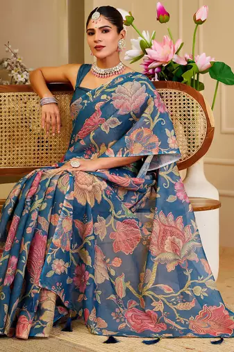 blue cotton blend zari weaving floral digital print festive saree with unstitched blouse piece