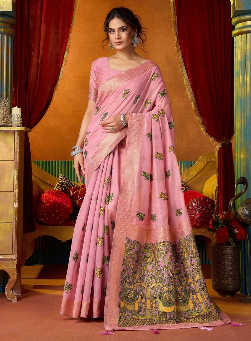 pink modal silk blend woven katha designer ethnic graceful saree