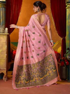 pink modal silk blend woven katha designer ethnic graceful saree 2