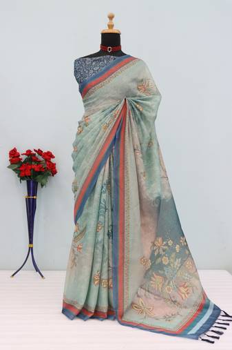 sky blue cotton blend zari weaving floral digital print festive saree with unstitched blouse piece