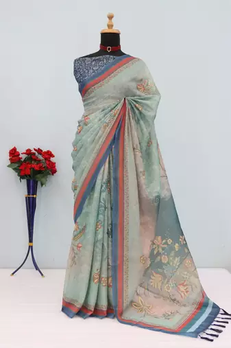 sky blue cotton blend zari weaving floral digital print festive saree with unstitched blouse piece