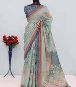 sky blue cotton blend zari weaving floral digital print festive saree with unstitched blouse piece