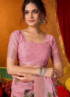 pink modal silk blend woven katha designer ethnic graceful saree 5